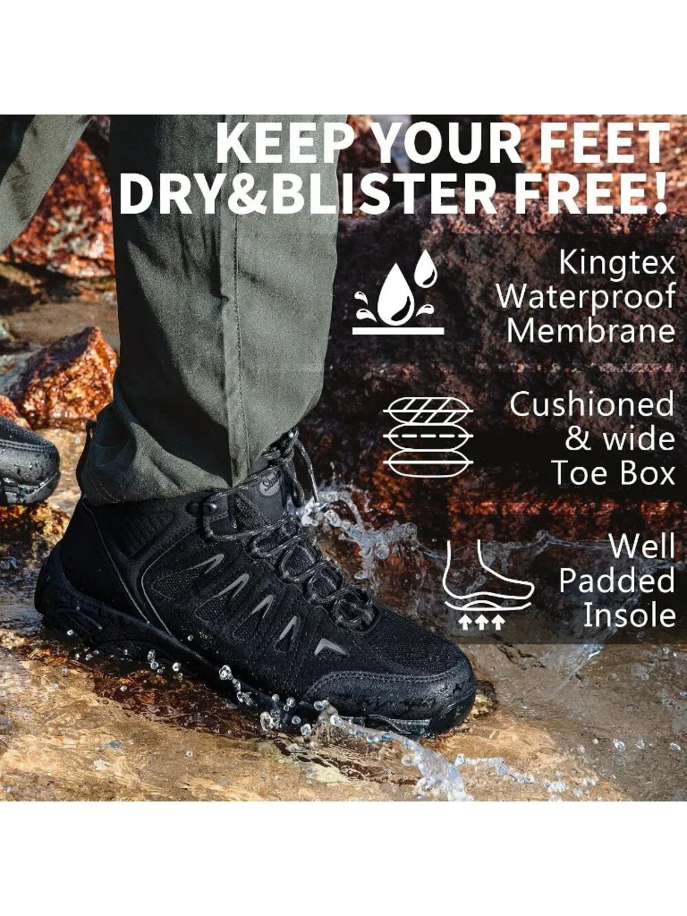 Men's Black Grey Waterproof Shoes Casual Mid Top Round Toe Non Slip Hiking Boots